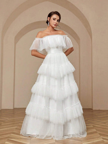 Elegant, Dignified, Exquisite And Elegant Mesh Material, One-Line Off-Shoulder, High-Waisted Splicing Design, Large-Swing Pagoda Skirt Wedding Dress
