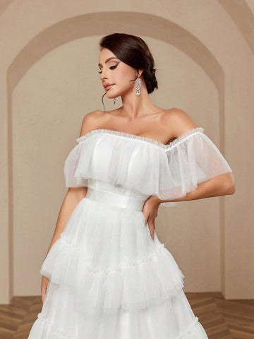 Elegant, Dignified, Exquisite And Elegant Mesh Material, One-Line Off-Shoulder, High-Waisted Splicing Design, Large-Swing Pagoda Skirt Wedding Dress