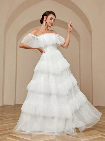 Elegant, Dignified, Exquisite And Elegant Mesh Material, One-Line Off-Shoulder, High-Waisted Splicing Design, Large-Swing Pagoda Skirt Wedding Dress