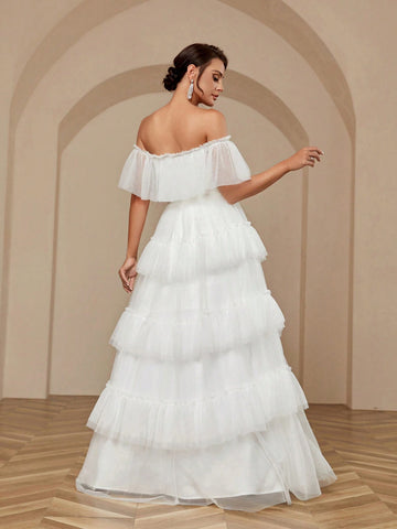 Elegant, Dignified, Exquisite And Elegant Mesh Material, One-Line Off-Shoulder, High-Waisted Splicing Design, Large-Swing Pagoda Skirt Wedding Dress