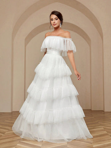 Elegant, Dignified, Exquisite And Elegant Mesh Material, One-Line Off-Shoulder, High-Waisted Splicing Design, Large-Swing Pagoda Skirt Wedding Dress