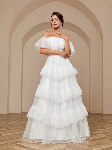 Elegant, Dignified, Exquisite And Elegant Mesh Material, One-Line Off-Shoulder, High-Waisted Splicing Design, Large-Swing Pagoda Skirt Wedding Dress