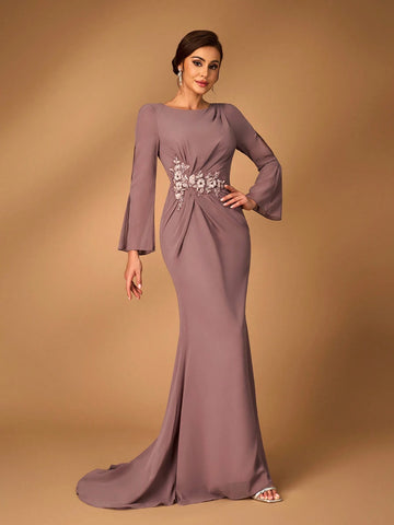 Elegant Dusty Pink Chiffon Fabric, Round Neck, See-Through Long Sleeves, Pleated, Sequin Applique Decoration, Micro Fishtail Hem, Suitable For Wedding Events, Evening Parties, Mother Of The Bride Dress, Evening Dress