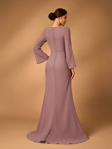 Elegant Dusty Pink Chiffon Fabric, Round Neck, See-Through Long Sleeves, Pleated, Sequin Applique Decoration, Micro Fishtail Hem, Suitable For Wedding Events, Evening Parties, Mother Of The Bride Dress, Evening Dress