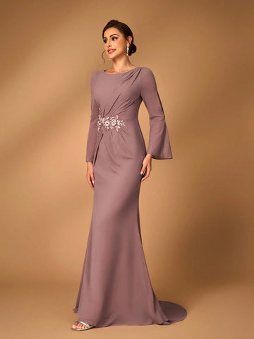 Elegant Dusty Pink Chiffon Fabric, Round Neck, See-Through Long Sleeves, Pleated, Sequin Applique Decoration, Micro Fishtail Hem, Suitable For Wedding Events, Evening Parties, Mother Of The Bride Dress, Evening Dress