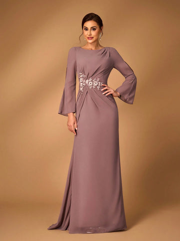 Elegant Dusty Pink Chiffon Fabric, Round Neck, See-Through Long Sleeves, Pleated, Sequin Applique Decoration, Micro Fishtail Hem, Suitable For Wedding Events, Evening Parties, Mother Of The Bride Dress, Evening Dress