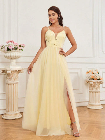 Elegant, Elegant, Soft, Light Yellow, Romantic, Fashionable Woman, Flower Embroidered  Slit, Wedding Guest Bachelorette Party, Graduation Season, Back-To-School Dance, Eid Al-Fitr Dress, Formal Dinner Dress