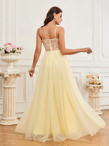 Elegant, Elegant, Soft, Light Yellow, Romantic, Fashionable Woman, Flower Embroidered  Slit, Wedding Guest Bachelorette Party, Graduation Season, Back-To-School Dance, Eid Al-Fitr Dress, Formal Dinner Dress