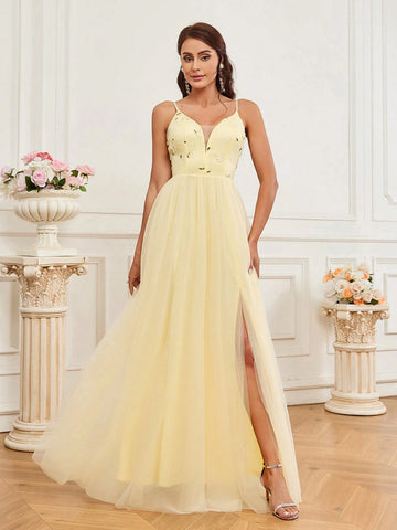 Elegant, Elegant, Soft, Light Yellow, Romantic, Fashionable Woman, Flower Embroidered  Slit, Wedding Guest Bachelorette Party, Graduation Season, Back-To-School Dance, Eid Al-Fitr Dress, Formal Dinner Dress
