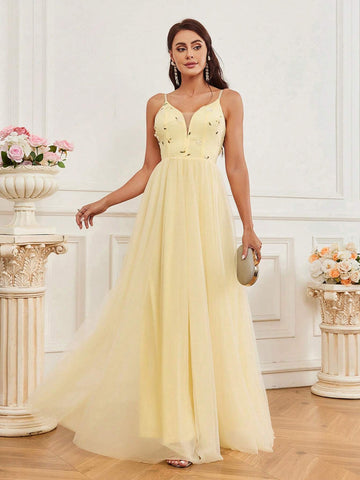 Elegant, Elegant, Soft, Light Yellow, Romantic, Fashionable Woman, Flower Embroidered  Slit, Wedding Guest Bachelorette Party, Graduation Season, Back-To-School Dance, Eid Al-Fitr Dress, Formal Dinner Dress