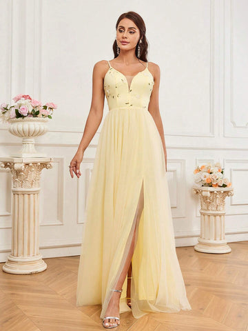Elegant, Elegant, Soft, Light Yellow, Romantic, Fashionable Woman, Flower Embroidered  Slit, Wedding Guest Bachelorette Party, Graduation Season, Back-To-School Dance, Eid Al-Fitr Dress, Formal Dinner Dress