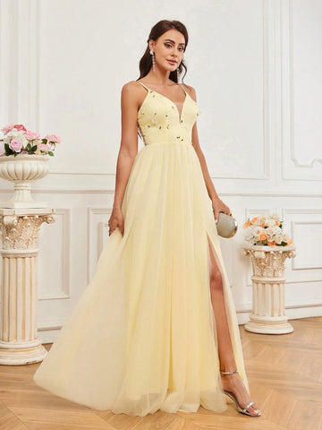 Elegant, Elegant, Soft, Light Yellow, Romantic, Fashionable Woman, Flower Embroidered  Slit, Wedding Guest Bachelorette Party, Graduation Season, Back-To-School Dance, Eid Al-Fitr Dress, Formal Dinner Dress