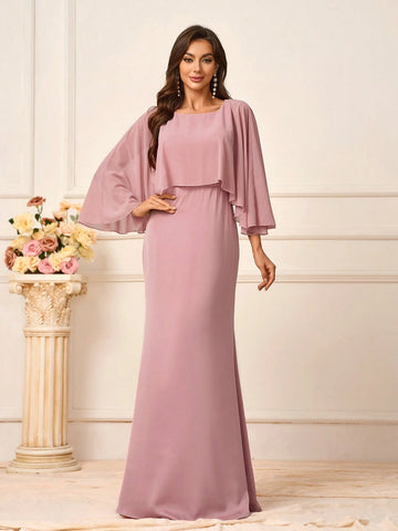 Elegant Faux Two-Piece Pink Chiffon And Satin Fabric Splicing Shawl Style, Fish Tail Hemline Bridesmaid Gown Is Ideal For The Wedding Season, Graduation, Music Festival, Etc.