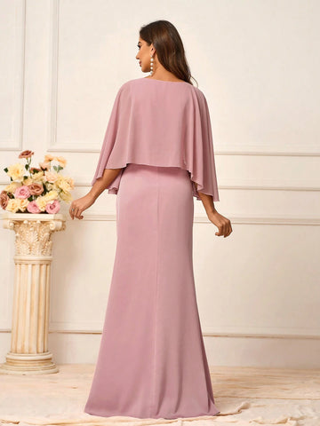 Elegant Faux Two-Piece Pink Chiffon And Satin Fabric Splicing Shawl Style, Fish Tail Hemline Bridesmaid Gown Is Ideal For The Wedding Season, Graduation, Music Festival, Etc.