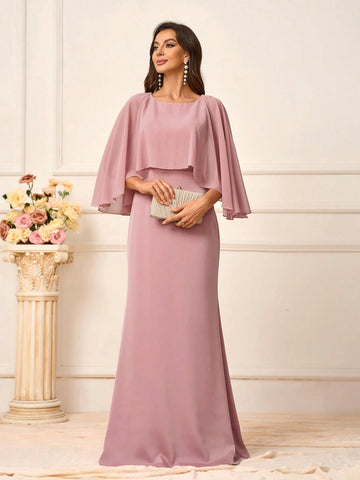 Elegant Faux Two-Piece Pink Chiffon And Satin Fabric Splicing Shawl Style, Fish Tail Hemline Bridesmaid Gown Is Ideal For The Wedding Season, Graduation, Music Festival, Etc.