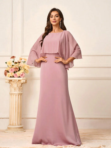 Elegant Faux Two-Piece Pink Chiffon And Satin Fabric Splicing Shawl Style, Fish Tail Hemline Bridesmaid Gown Is Ideal For The Wedding Season, Graduation, Music Festival, Etc.