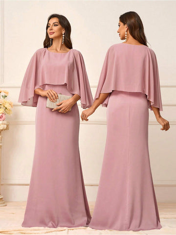 Elegant Faux Two-Piece Pink Chiffon And Satin Fabric Splicing Shawl Style, Fish Tail Hemline Bridesmaid Gown Is Ideal For The Wedding Season, Graduation, Music Festival, Etc.