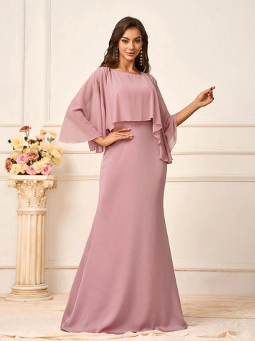 Elegant Faux Two-Piece Pink Chiffon And Satin Fabric Splicing Shawl Style, Fish Tail Hemline Bridesmaid Gown Is Ideal For The Wedding Season, Graduation, Music Festival, Etc.