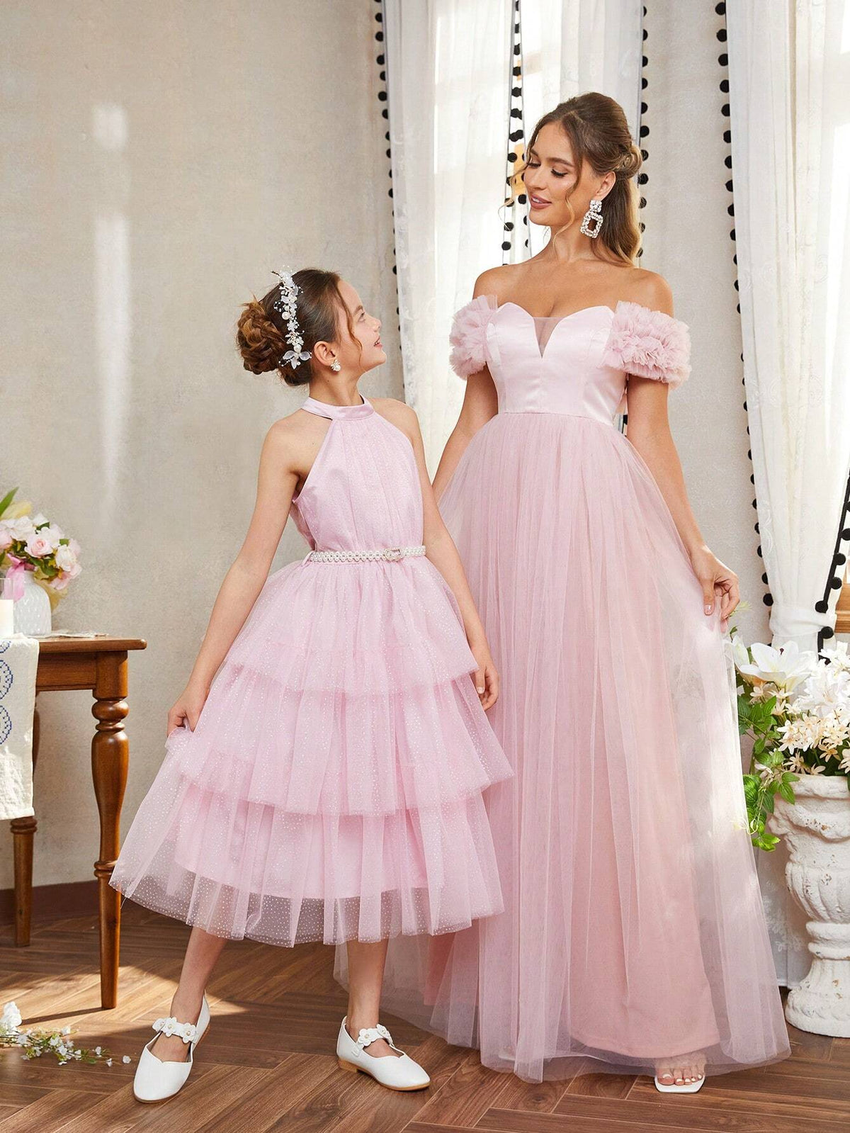 Elegant, Gentle And Simple Pink Glossy Satin Stitching Mesh One-Shoulder V-Neck Floral Mesh Oversized A-Swing Date Vacation Bachelor Party Graduation Season Wedding Event Parent-Child Wear Women's Dinner Ball Dress (Heavy Industry Style)