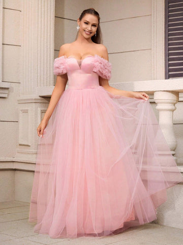 Elegant, Gentle And Simple Pink Glossy Satin Stitching Mesh One-Shoulder V-Neck Floral Mesh Oversized A-Swing Date Vacation Bachelor Party Graduation Season Wedding Event Parent-Child Wear Women's Dinner Ball Dress (Heavy Industry Style)