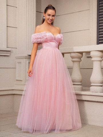 Elegant, Gentle And Simple Pink Glossy Satin Stitching Mesh One-Shoulder V-Neck Floral Mesh Oversized A-Swing Date Vacation Bachelor Party Graduation Season Wedding Event Parent-Child Wear Women's Dinner Ball Dress (Heavy Industry Style)