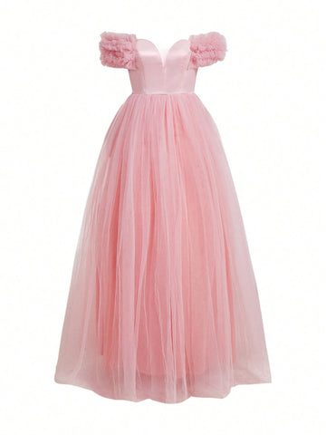 Elegant, Gentle And Simple Pink Glossy Satin Stitching Mesh One-Shoulder V-Neck Floral Mesh Oversized A-Swing Date Vacation Bachelor Party Graduation Season Wedding Event Parent-Child Wear Women's Dinner Ball Dress (Heavy Industry Style)