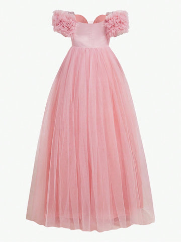 Elegant, Gentle And Simple Pink Glossy Satin Stitching Mesh One-Shoulder V-Neck Floral Mesh Oversized A-Swing Date Vacation Bachelor Party Graduation Season Wedding Event Parent-Child Wear Women's Dinner Ball Dress (Heavy Industry Style)