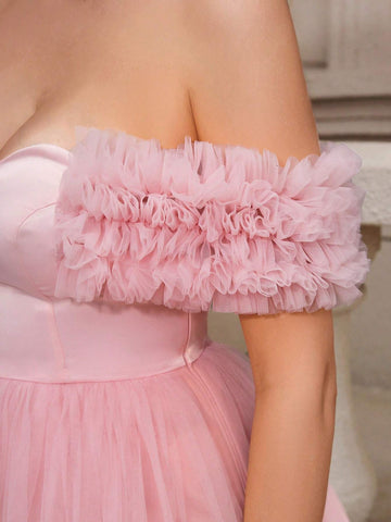 Elegant, Gentle And Simple Pink Glossy Satin Stitching Mesh One-Shoulder V-Neck Floral Mesh Oversized A-Swing Date Vacation Bachelor Party Graduation Season Wedding Event Parent-Child Wear Women's Dinner Ball Dress (Heavy Industry Style)