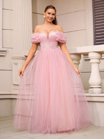 Elegant, Gentle And Simple Pink Glossy Satin Stitching Mesh One-Shoulder V-Neck Floral Mesh Oversized A-Swing Date Vacation Bachelor Party Graduation Season Wedding Event Parent-Child Wear Women's Dinner Ball Dress (Heavy Industry Style)