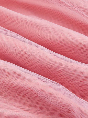 Elegant, Gentle And Simple Pink Glossy Satin Stitching Mesh One-Shoulder V-Neck Floral Mesh Oversized A-Swing Date Vacation Bachelor Party Graduation Season Wedding Event Parent-Child Wear Women's Dinner Ball Dress (Heavy Industry Style)