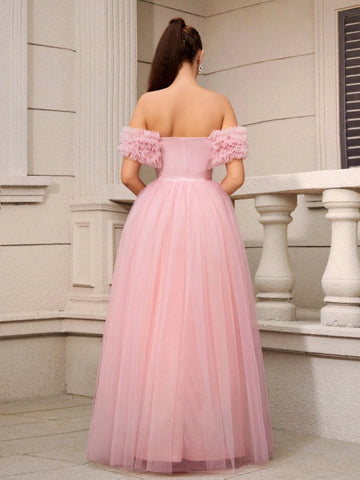 Elegant, Gentle And Simple Pink Glossy Satin Stitching Mesh One-Shoulder V-Neck Floral Mesh Oversized A-Swing Date Vacation Bachelor Party Graduation Season Wedding Event Parent-Child Wear Women's Dinner Ball Dress (Heavy Industry Style)