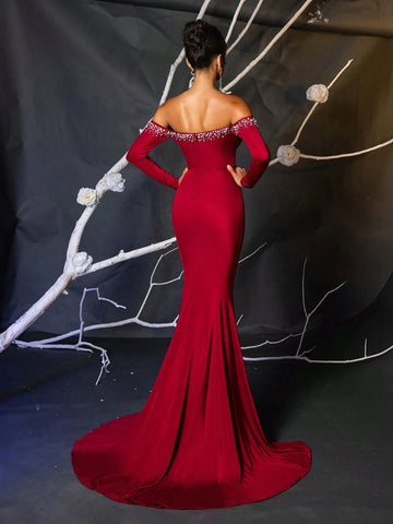 Elegant Glamorous Burgundy Stretch Ribbed Knit Off-Shoulder Neck Pearl Studded Long Sleeve Cupped Mermaid Maxi Gown Suitable For Wedding, Party, Event, Holiday (Heavy-Duty)