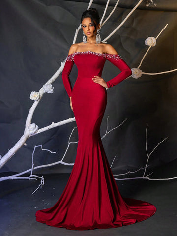 Elegant Glamorous Burgundy Stretch Ribbed Knit Off-Shoulder Neck Pearl Studded Long Sleeve Cupped Mermaid Maxi Gown Suitable For Wedding, Party, Event, Holiday (Heavy-Duty)