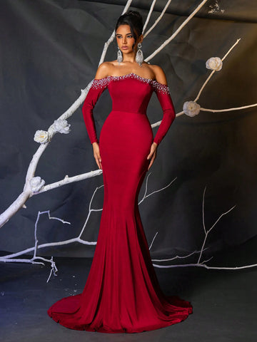 Elegant Glamorous Burgundy Stretch Ribbed Knit Off-Shoulder Neck Pearl Studded Long Sleeve Cupped Mermaid Maxi Gown Suitable For Wedding, Party, Event, Holiday (Heavy-Duty)