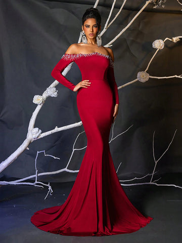 Elegant Glamorous Burgundy Stretch Ribbed Knit Off-Shoulder Neck Pearl Studded Long Sleeve Cupped Mermaid Maxi Gown Suitable For Wedding, Party, Event, Holiday (Heavy-Duty)