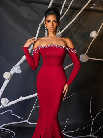 Elegant Glamorous Burgundy Stretch Ribbed Knit Off-Shoulder Neck Pearl Studded Long Sleeve Cupped Mermaid Maxi Gown Suitable For Wedding, Party, Event, Holiday (Heavy-Duty)