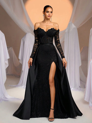 Elegant Glamorous Cream Off-Shoulder Sheer Long Sleeve Boned Bust-Cup Stretch Lace Side Slit Fishtail Black Formal Dress With Detachable Maxi Skirt, Suitable For Wedding, Single Party, Holiday, Bridal