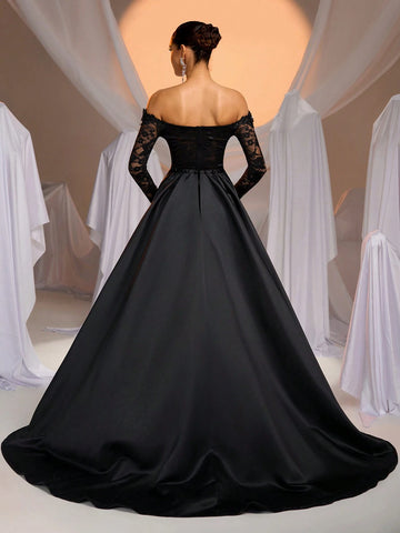 Elegant Glamorous Cream Off-Shoulder Sheer Long Sleeve Boned Bust-Cup Stretch Lace Side Slit Fishtail Black Formal Dress With Detachable Maxi Skirt, Suitable For Wedding, Single Party, Holiday, Bridal