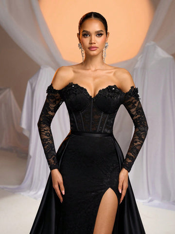 Elegant Glamorous Cream Off-Shoulder Sheer Long Sleeve Boned Bust-Cup Stretch Lace Side Slit Fishtail Black Formal Dress With Detachable Maxi Skirt, Suitable For Wedding, Single Party, Holiday, Bridal