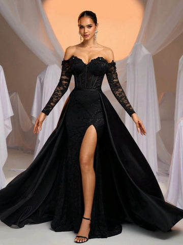 Elegant Glamorous Cream Off-Shoulder Sheer Long Sleeve Boned Bust-Cup Stretch Lace Side Slit Fishtail Black Formal Dress With Detachable Maxi Skirt, Suitable For Wedding, Single Party, Holiday, Bridal