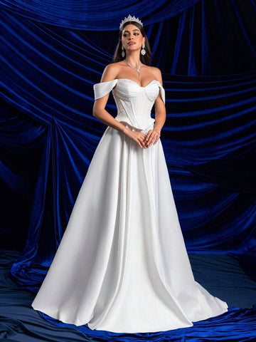 Elegant Glamorous Off-Shoulder 2 In 1 Set With Sequin Lace Bust Cup, Fish Bone Boning, A-Line Dress & High Slit, Sheer Lace Design, Suitable For Weddings, Parties, Galas & Informal Ceremonies