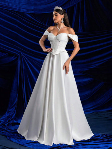 Elegant Glamorous Off-Shoulder 2 In 1 Set With Sequin Lace Bust Cup, Fish Bone Boning, A-Line Dress & High Slit, Sheer Lace Design, Suitable For Weddings, Parties, Galas & Informal Ceremonies