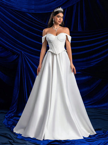 Elegant Glamorous Off-Shoulder 2 In 1 Set With Sequin Lace Bust Cup, Fish Bone Boning, A-Line Dress & High Slit, Sheer Lace Design, Suitable For Weddings, Parties, Galas & Informal Ceremonies