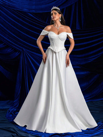 Elegant Glamorous Off-Shoulder 2 In 1 Set With Sequin Lace Bust Cup, Fish Bone Boning, A-Line Dress & High Slit, Sheer Lace Design, Suitable For Weddings, Parties, Galas & Informal Ceremonies