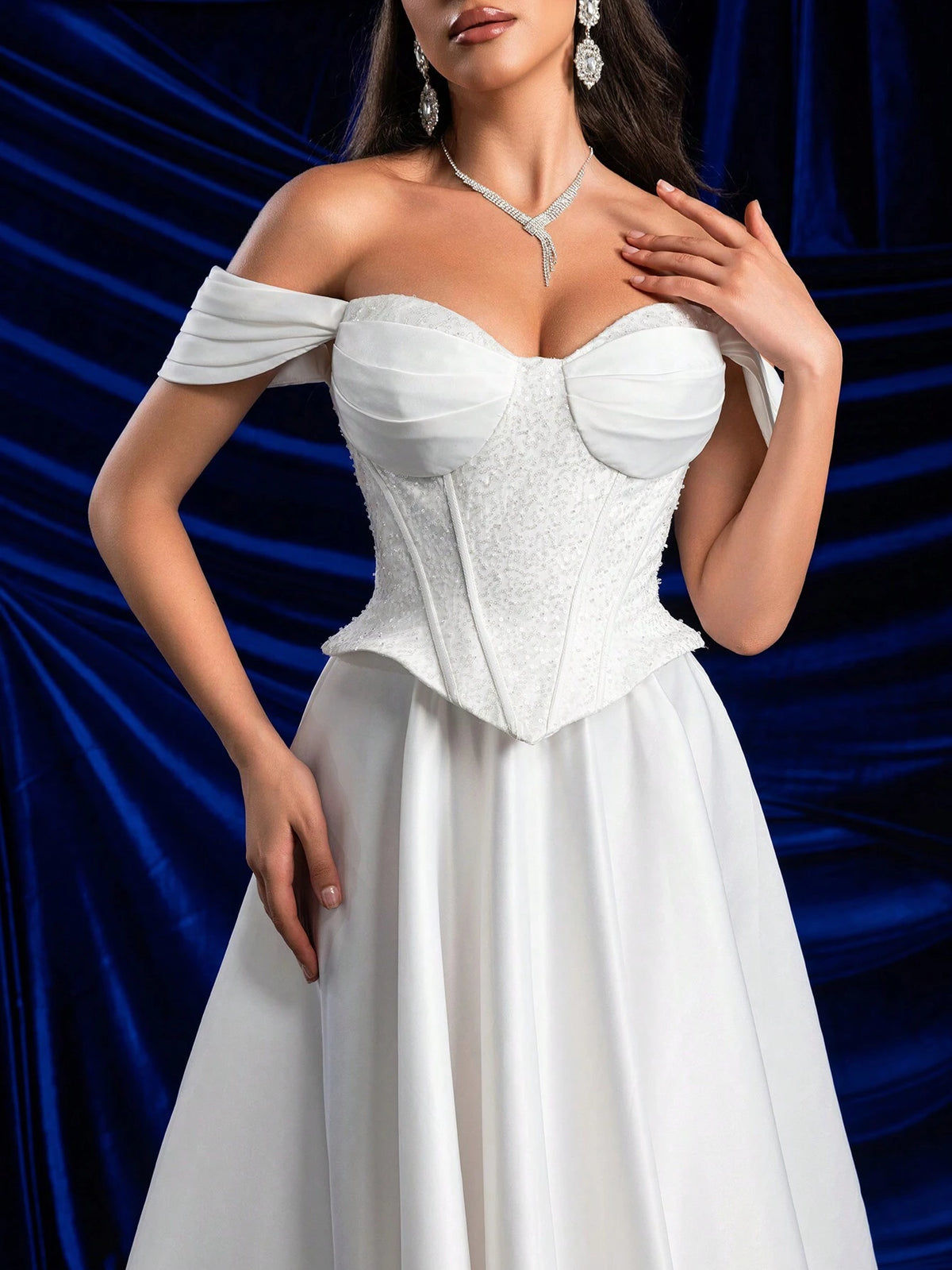 Elegant Glamorous Off-Shoulder 2 In 1 Set With Sequin Lace Bust Cup, Fish Bone Boning, A-Line Dress & High Slit, Sheer Lace Design, Suitable For Weddings, Parties, Galas & Informal Ceremonies