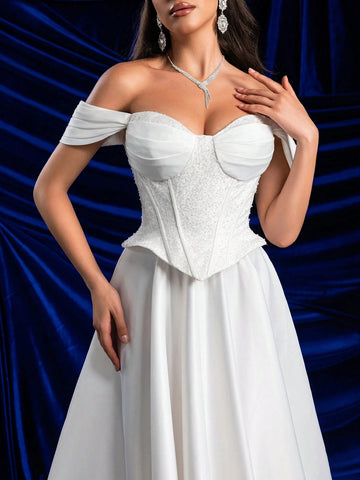 Elegant Glamorous Off-Shoulder 2 In 1 Set With Sequin Lace Bust Cup, Fish Bone Boning, A-Line Dress & High Slit, Sheer Lace Design, Suitable For Weddings, Parties, Galas & Informal Ceremonies