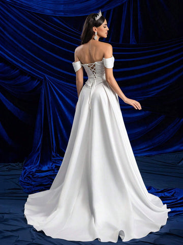 Elegant Glamorous Off-Shoulder 2 In 1 Set With Sequin Lace Bust Cup, Fish Bone Boning, A-Line Dress & High Slit, Sheer Lace Design, Suitable For Weddings, Parties, Galas & Informal Ceremonies