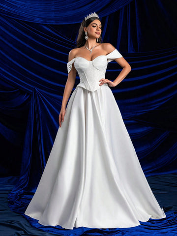 Elegant Glamorous Off-Shoulder 2 In 1 Set With Sequin Lace Bust Cup, Fish Bone Boning, A-Line Dress & High Slit, Sheer Lace Design, Suitable For Weddings, Parties, Galas & Informal Ceremonies