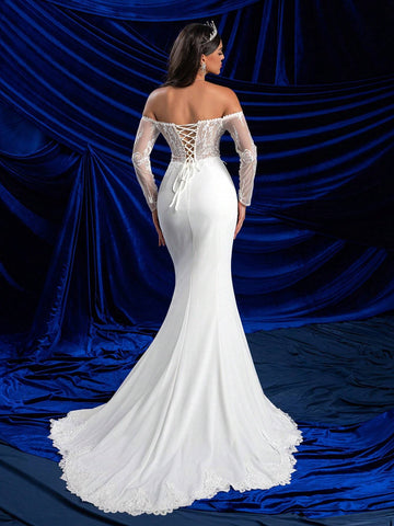 Elegant Glamorous Off-Shoulder Sheer Long Sleeve Bust Cup Boned Open Back Lace Trim Mermaid Lace Hem Wedding Dress