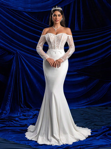 Elegant Glamorous Off-Shoulder Sheer Long Sleeve Bust Cup Boned Open Back Lace Trim Mermaid Lace Hem Wedding Dress